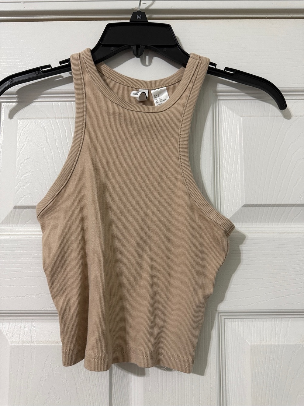 Divided Ribbed High Neck Crop Tank - Beige